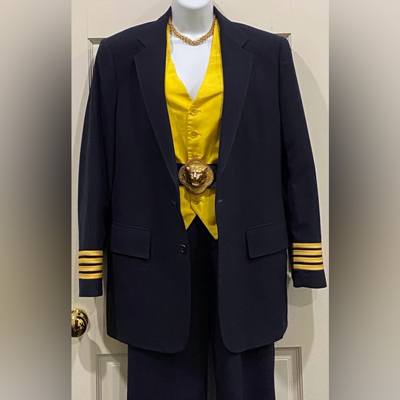 Vintage Naval jacket in blue wool with yellow stripes on arms - Picture 11 of 14